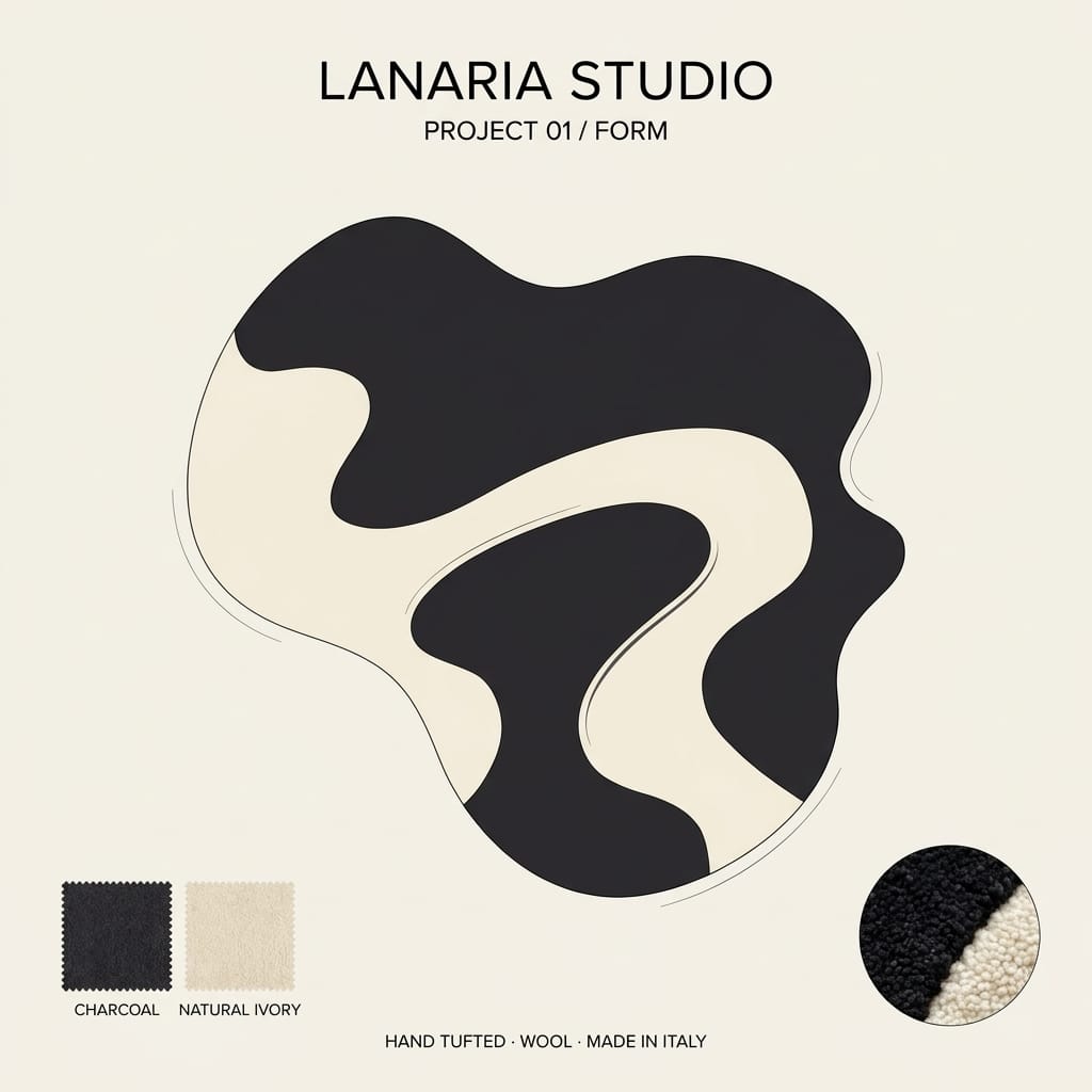 Locandina LANARIA Studio con una forma organica nera su fondo crema