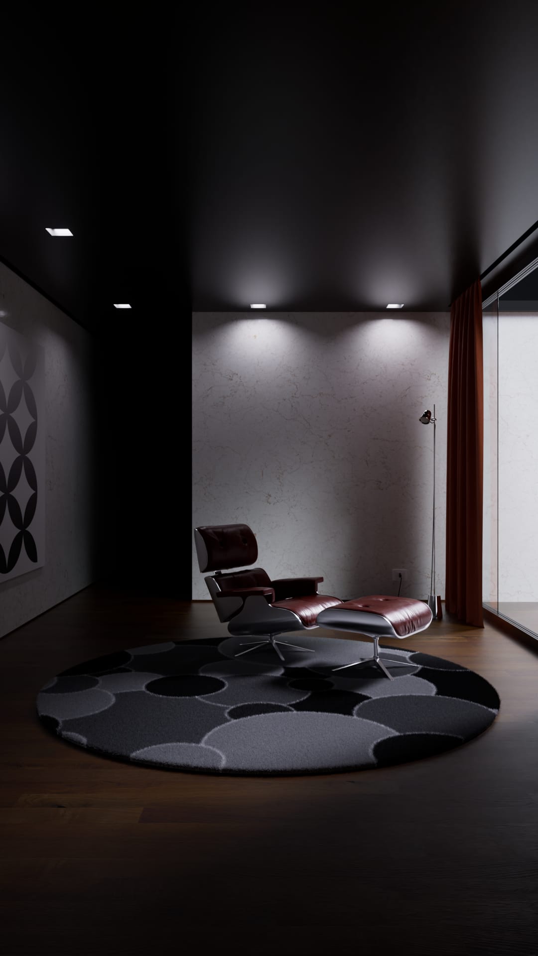Tappeto tondo grigio e nero in una stanza in penombra con poltrona lounge