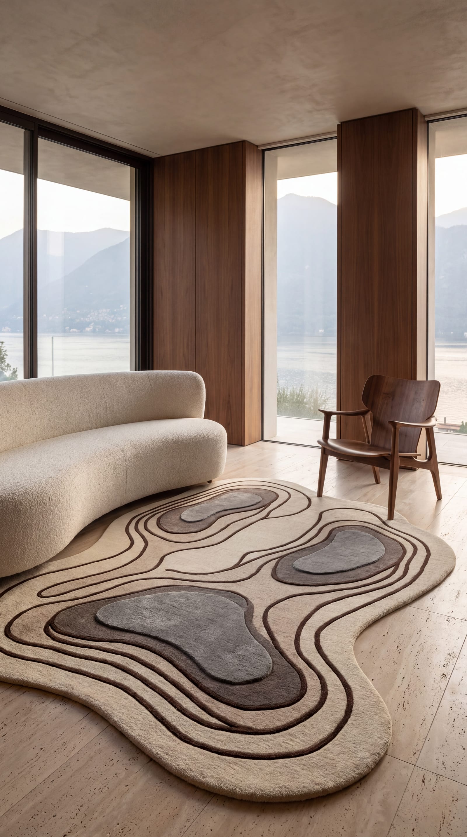 Tappeto sagomato con linee concentriche color crema e grigio in una stanza rivestita in legno con vetrata sulle montagne